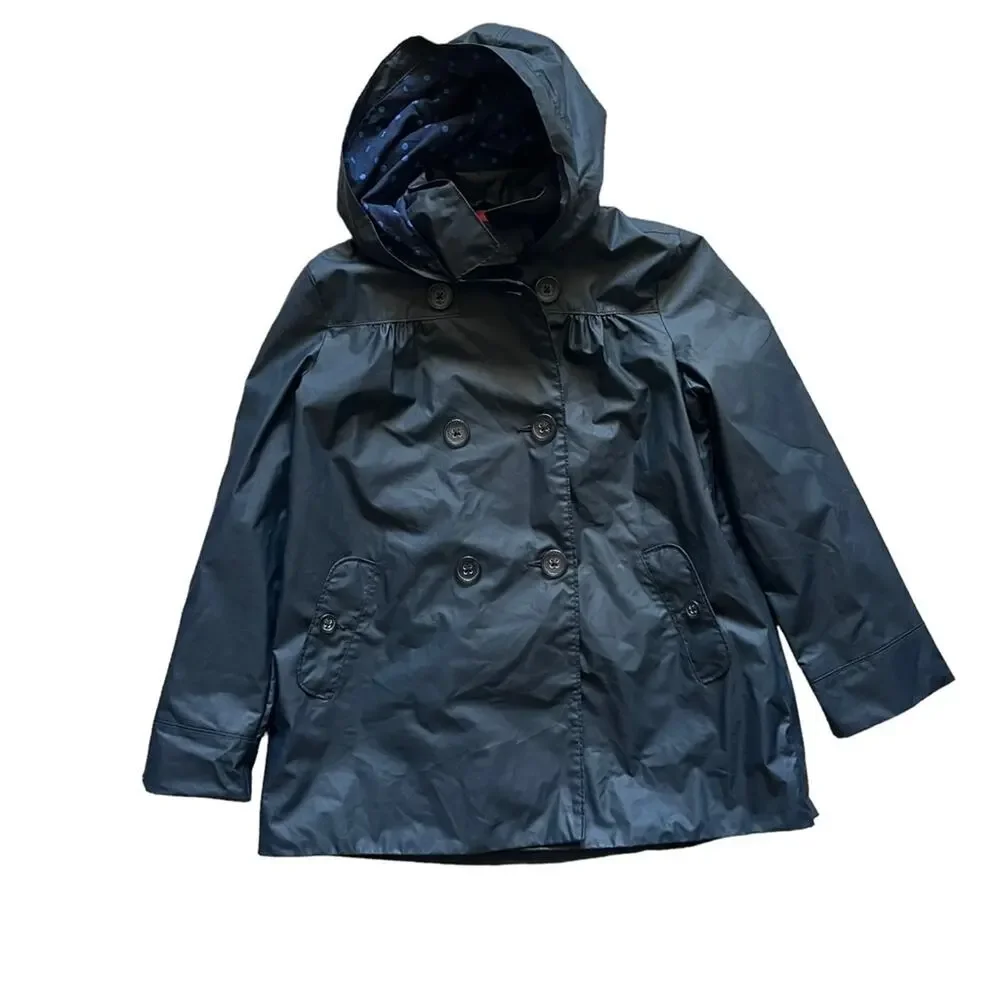 GAP Raincoat Kids Girl Size XL Lined Navy Blue Double Breasted Hooded 12 Plus